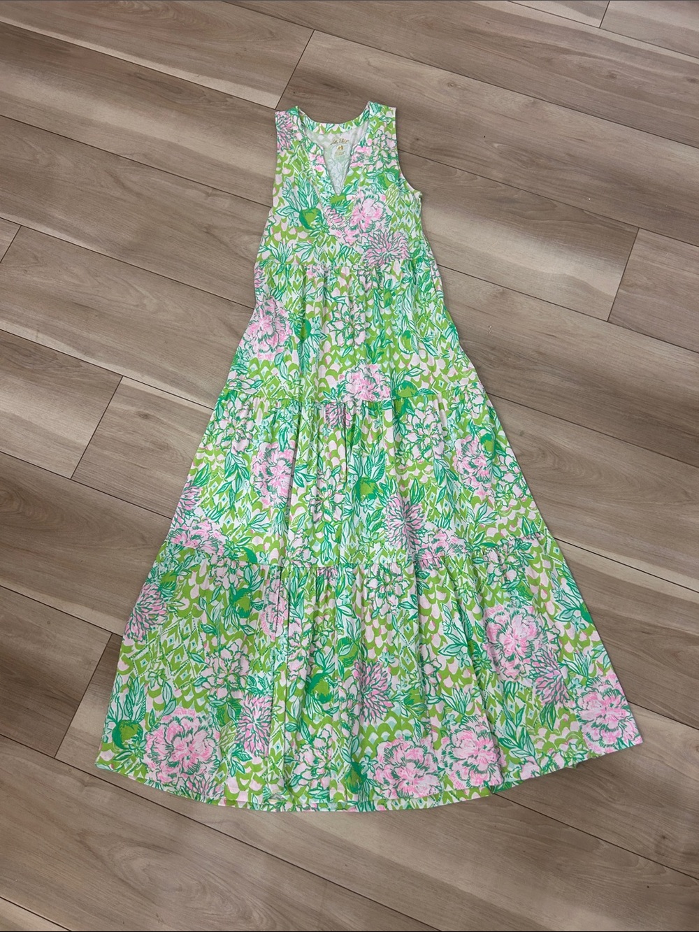 Lilly Pulitzer Green & Pink Floral Tiered Maxi Dress